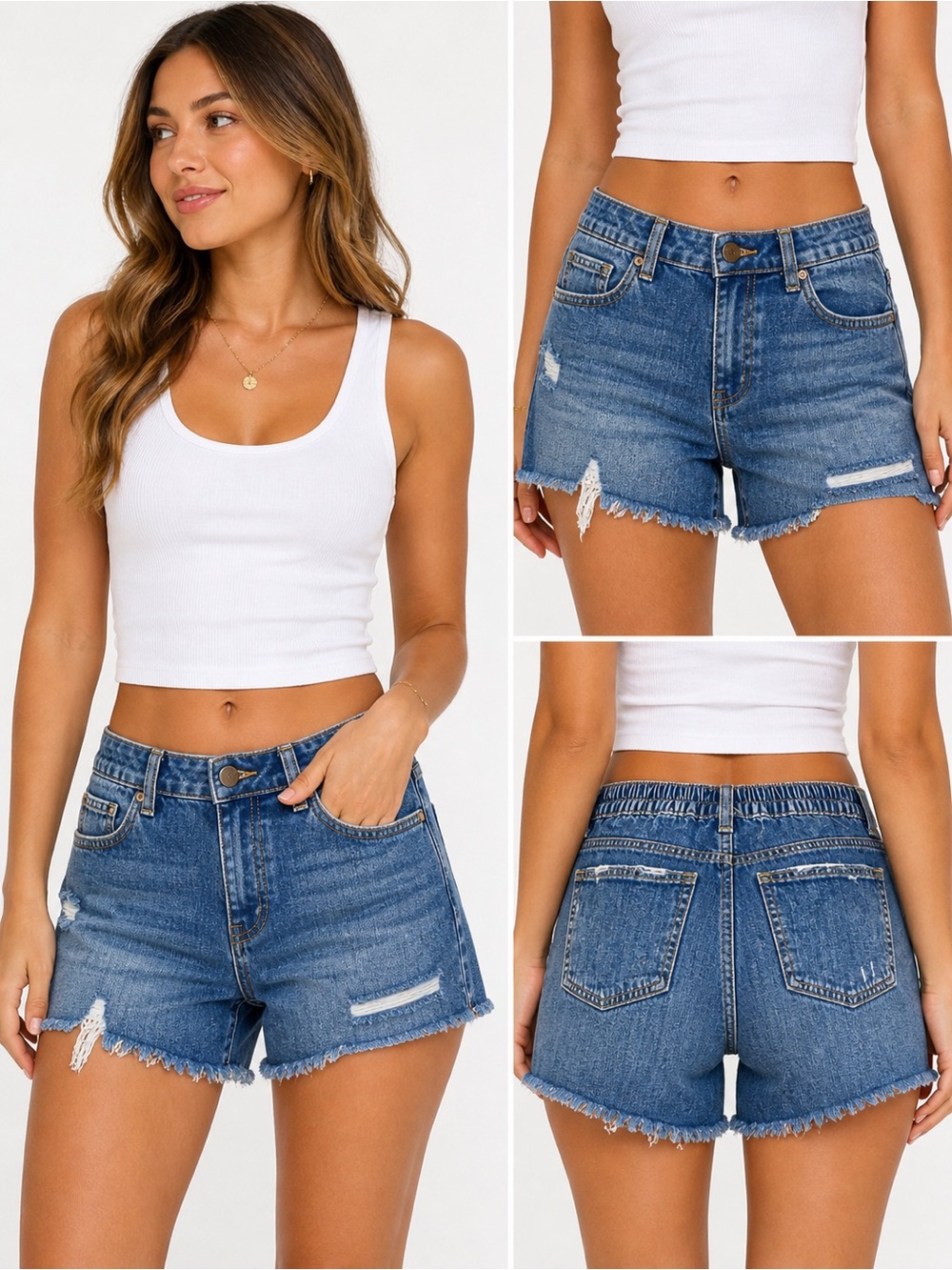 AERIE Daydream Distressed Denim Pull On Shorts Frayed Hem Casual Summer Cutoffs